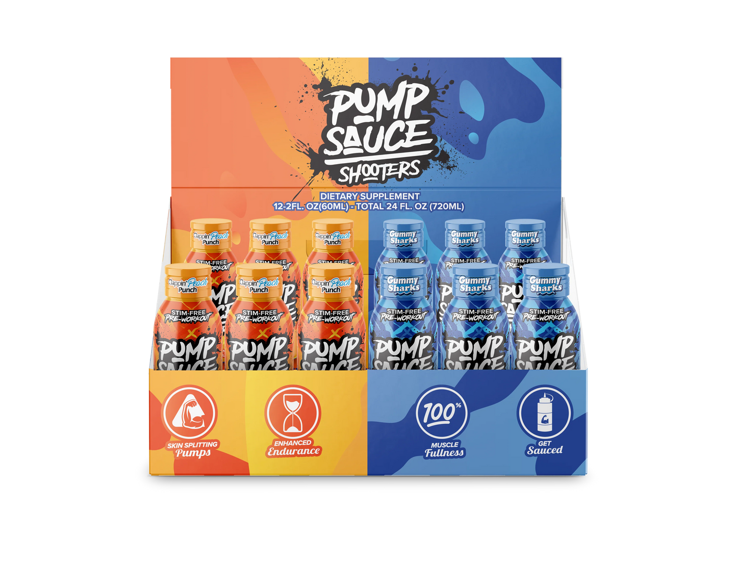 Pump Sauce Shooters 12ct Variety Box (6 x Gummy Shark - 6 x Peach Punch)