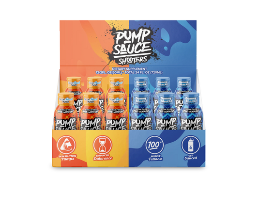 Pump Sauce Shooters 12ct Variety Box (6 x Gummy Shark - 6 x Peach Punch)
